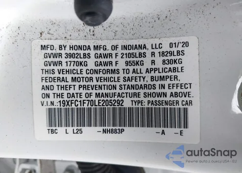 2020 Honda Civic Ex-L из США, поврежденный, VIN 19XFC1F70LE205292